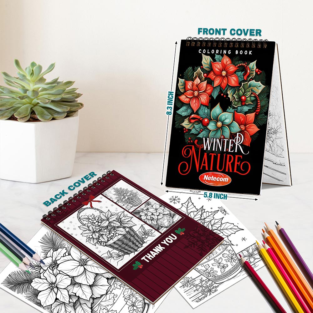 Netecom Winter Nature Coloring Book Spiral Bound for Adults, A5 Wooden Cover, 30 Beautiful Coloring Pages of Various Flowers for Stress Relief and Relaxation