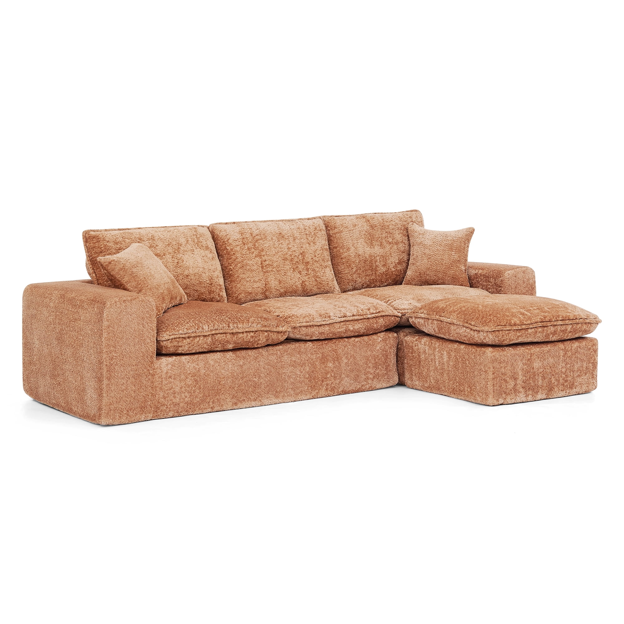 Mintazer 107" Modern L-Shaped Boucle Sectional Sofa with Reversible Ottoman, Cloud Soft Modular Couch with Pillows & Cushion for Living Room, Camel Brown