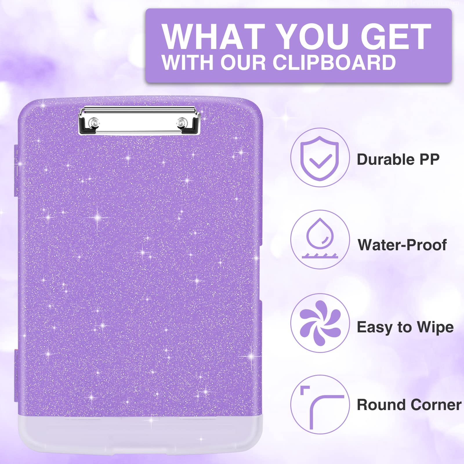 Glitter Clipboard With Storage  High Capacity Clip Boards 8.5x11 Pen Holder Cute Clipboards Low Profile Sparkle Plastic Organizer Case Box For Women & Side Opening