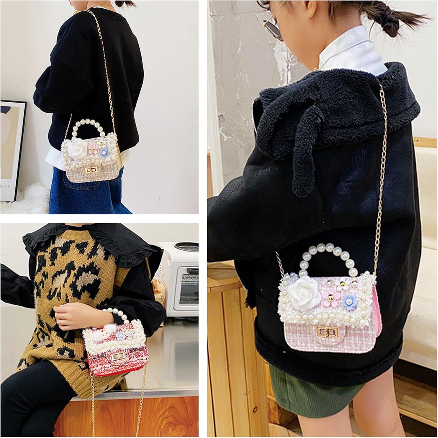 TYMZDYN Little Girls Toddler Crossbody Purse with Pearl Flowers Mini Cute Princess Handbags Shoulder Chain Bag