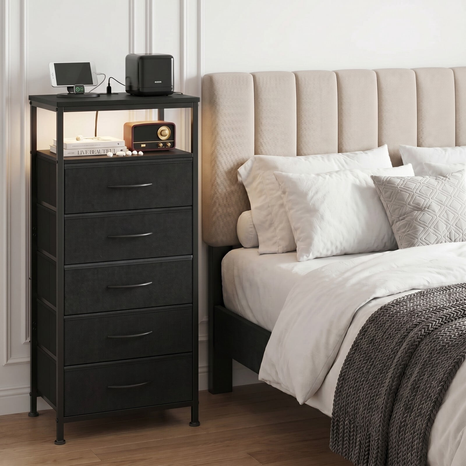 Kelno 5-Drawer Nightstand with Charging Station AC Outlets LED Light Dresser Bedside Table, Black