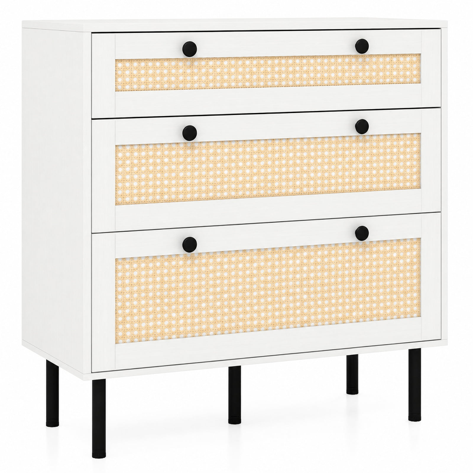 Furnibear 3-Drawer Rattan Nightstand Boho Chest of Drawers for Bedroom for Bedroom Closet Living Room Nursery Clothes Storage, White