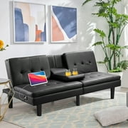 Benton Park Futon Memory Foam Sofa Bed with USB and Cupholders & Arms, Faux Leather Black