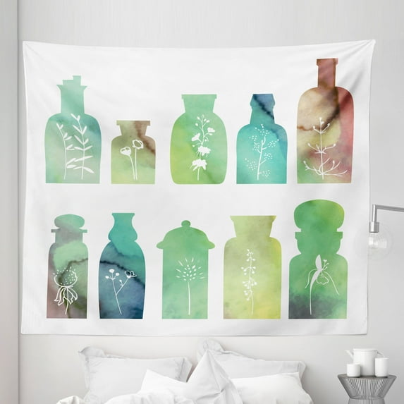 Apothecary Tapestry, Vintage Watercolor Botanical Herbal Treatment Bottles Medicine Aromatic Nature, Fabric Wall Hanging Decor for Bedroom Living Room Dorm, 5 Sizes, Multicolor, by Ambesonne