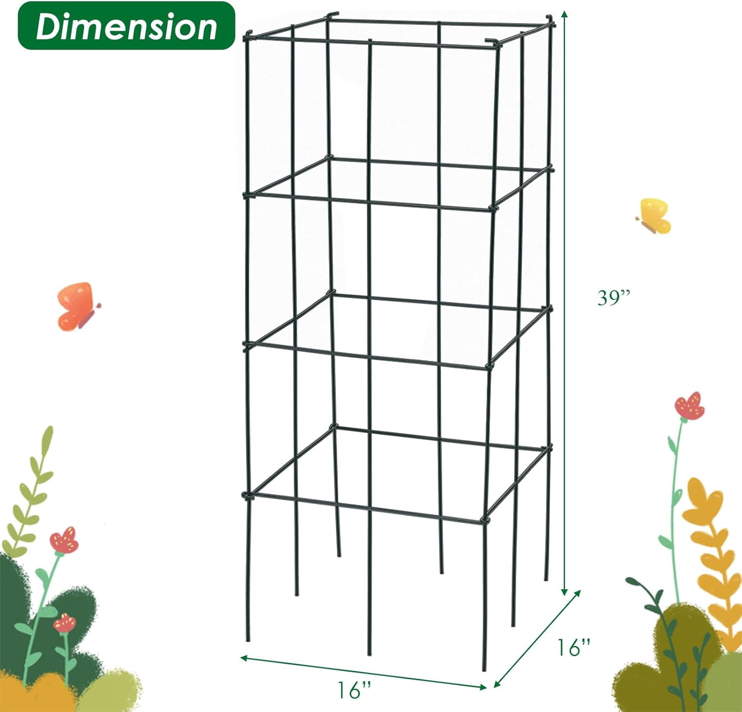 ZMSHOP 4 Pack Folding Tomato Cages, 39 Inches Tall Square Plant Support Cage for Garden Climbing Plants Flowers Fruits, Heavy Duty Tomato Vegetable Trellis