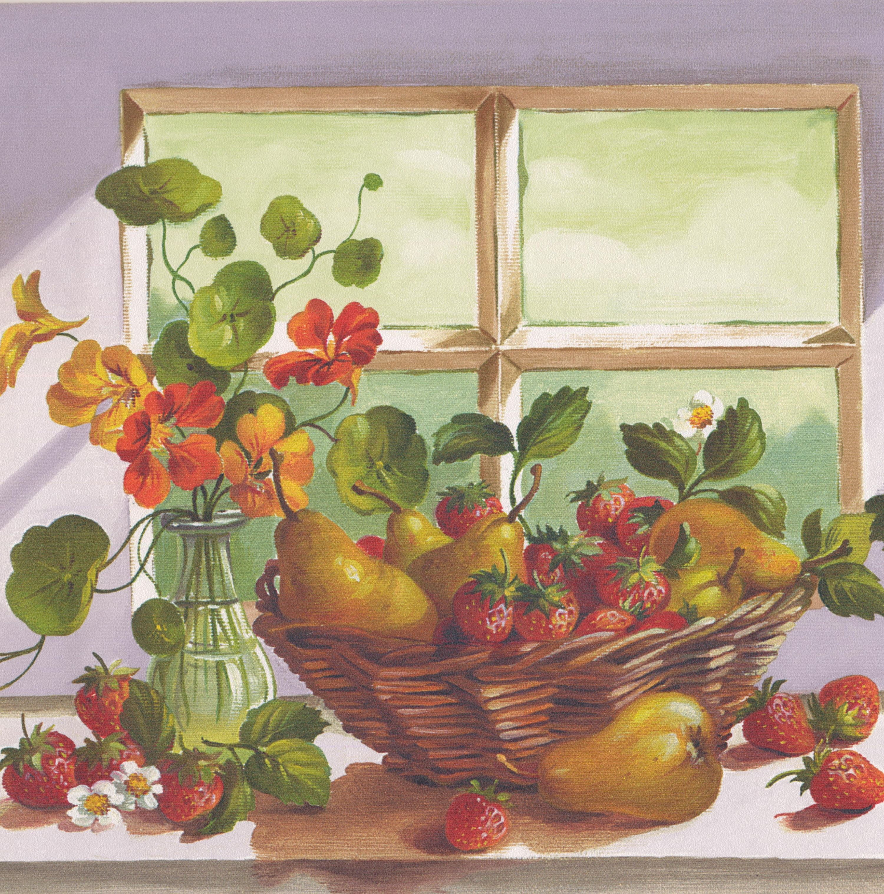 FRUIT AND FLORAL BASKETS //BOWLS PURPLE TRIM WALLPAPER BORDER