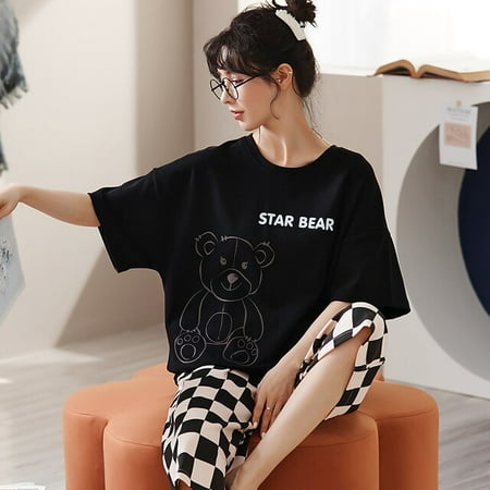 

QWZNDZGR Spring Summer Polyester Women Sleep Loungewear Pajamas Cartoon Bear Print Pajama Sets Cartoon Pyjamas Sleepwear 3XL 5XL Homewear