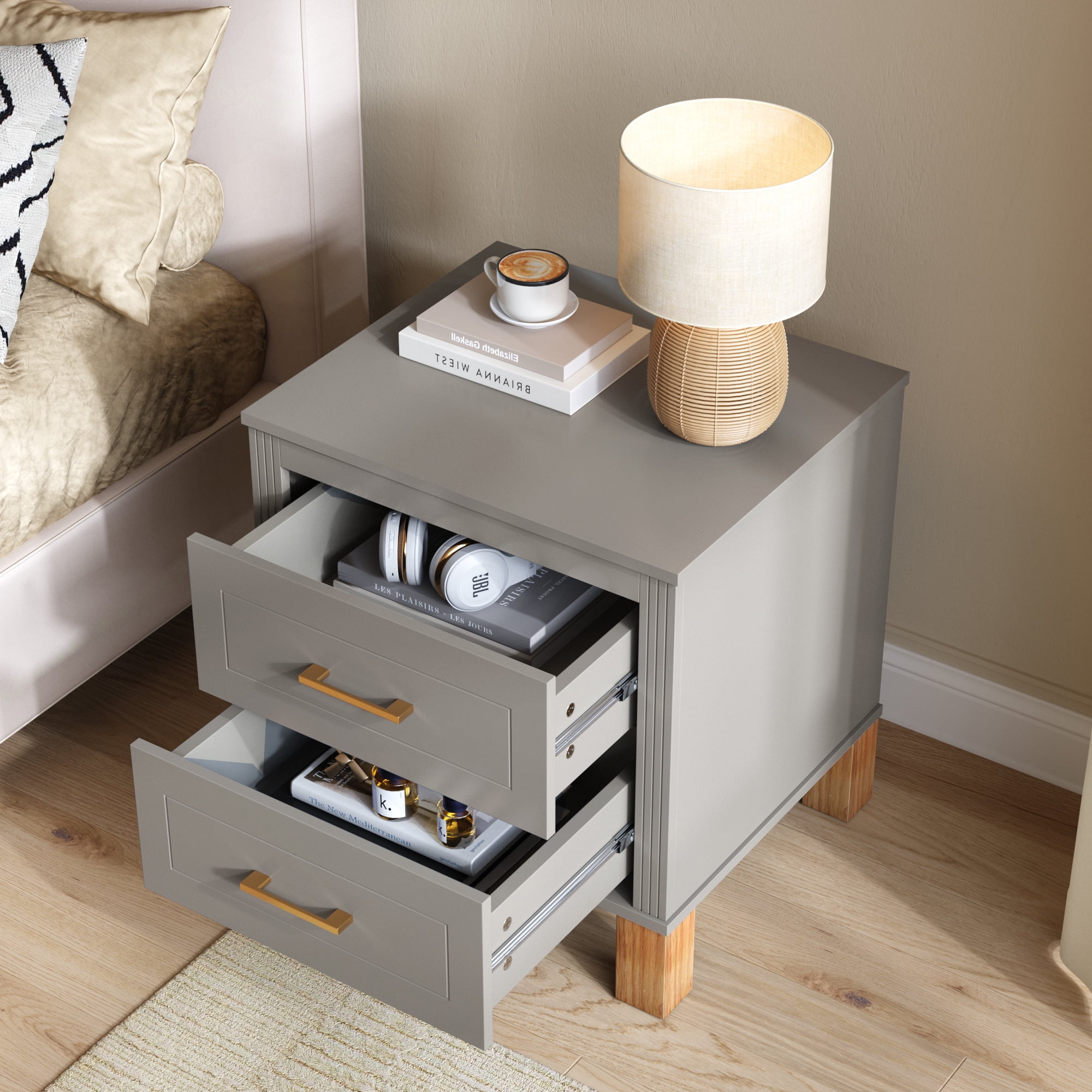 2 Drawer Nightstand, Fluted Design Bedside Table with Solid Wood Legs & Metal Handles, MDF Frame Storage Cabinet, Tall End Table for Bedroom Living Room