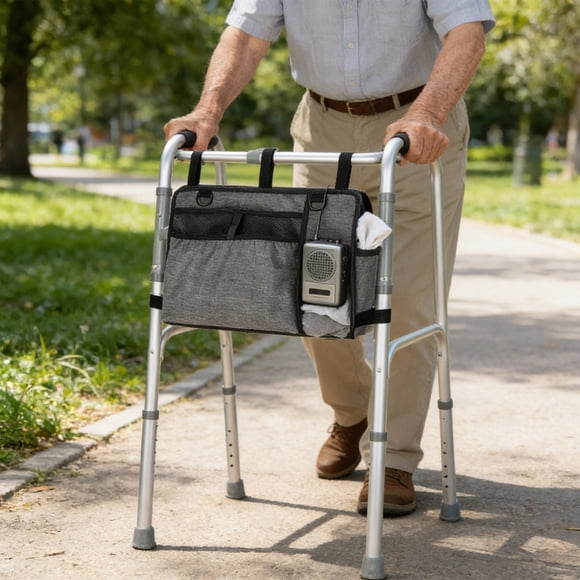 Uuiauoio Rollator Side Storage Bag with Cup Holder for Bariatric Walkers, Wheelchairs - Rollator Attachment Organizer with Phones, Pens, Eyeglasses, Folding Cane Pouch for Seniors and Elderly
