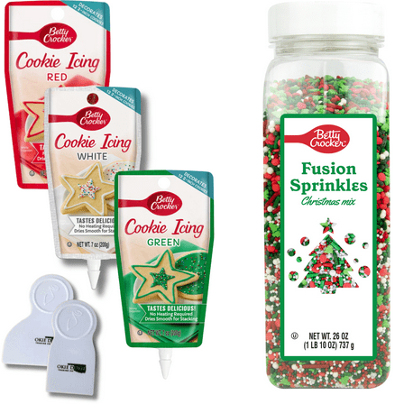 Betty Crocker Seasonal Cookie Decorating Icing Bundle with icing, sprinkles, and decor plus bonus icing smoother and scraper (Holiday/Christmas 6 Piece Bundle With 26 oz Fusion)