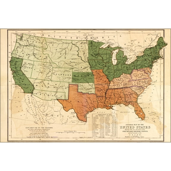 24"x36" Gallery Poster, map of United States free & slave states 1857