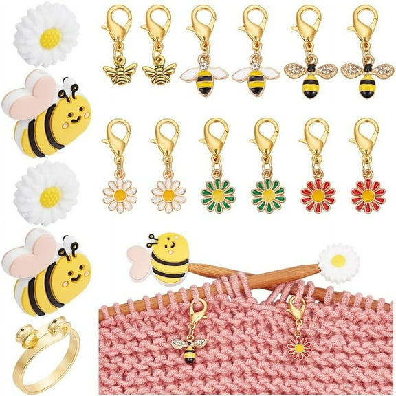 1 Set 17 Pcs Knitting Accessories Kit Including 12 Pcs Bee/Flower Locking Stitch Markers 4 Pcs Bee and Flower Knitting Needle Stoppers 1 Pc Yarn Guide Finger Holder for DIY Knitting Crafts