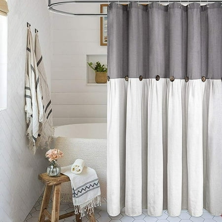 Linen Farmhouse Shower Curtain On, Gray Cream And White Shower Curtain