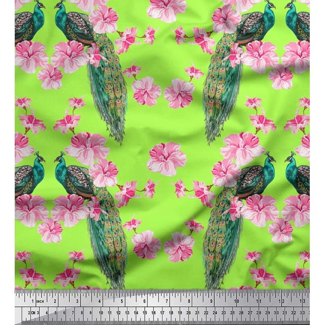 Soimoi Poly Georgette Fabric Floral & Peacock Bird Print Sewing Fabric Yard 52 Inch Wide