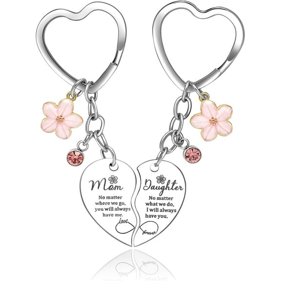 Gifts for Mom Daughter 2 Pcs Pink Flower Rhinestone Charm Mother&Daughter Heart Matching Keychain