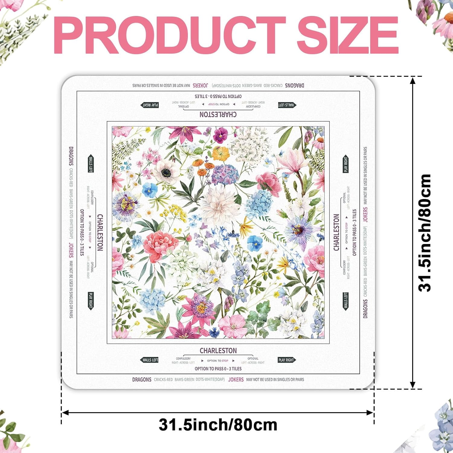 Tegeme Chinoiserie Mahjong Mat Anti Slip and Noise Reduction Multi Purpose Game Table Cover Non-Slip Noise Reduction Gaming Rug for Mahjong Card Board Tile Games(Floral,31.5" X 31.5")