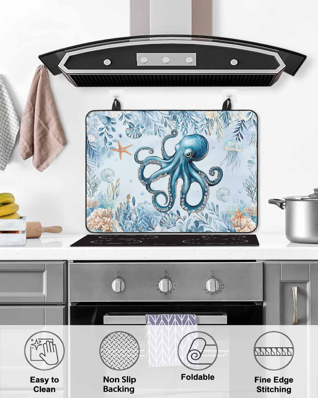 nqOlkjepod Large Induction Cooktop Protector Mat 24"x21", Blue Octopus Coastal Stove Top Covers for Electric Stove, Eucalyptus Leaves Botanical Stove Burner Cover Mats, Glass Top Stove Cover