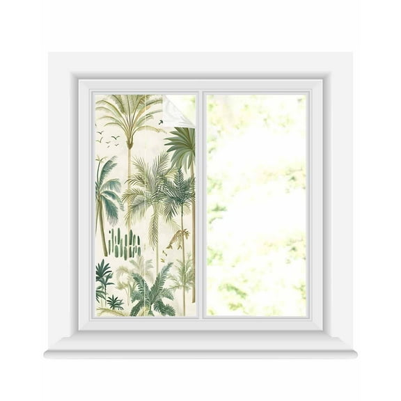 Window Privacy Film Green Palm Trees Stained Glass Window Film Decorative Sun Block Window Cover Tropical Summer Botanical Window Clings Static Adhesive Sticker for Bathroom 19.6"x39.3"