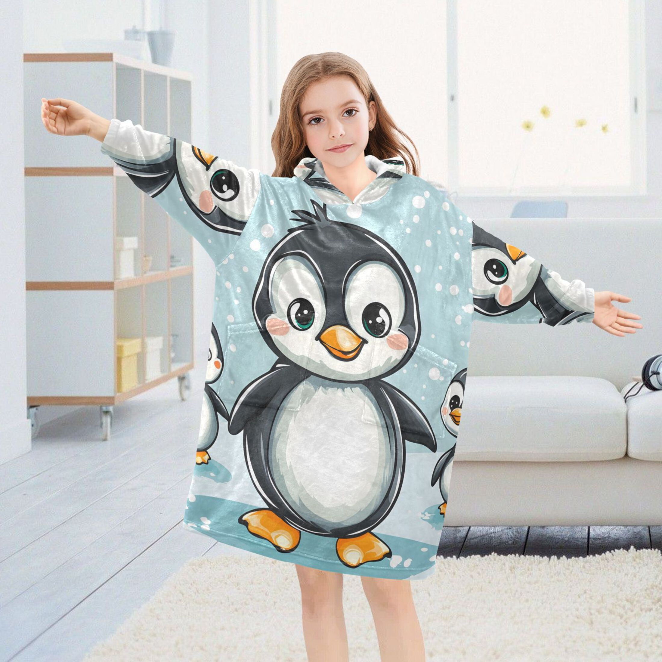 joogoo Wearable Blanket Hoodie for Kids Penguins and Snow Flannel Oversized Sweatshirt 3-14 Years M