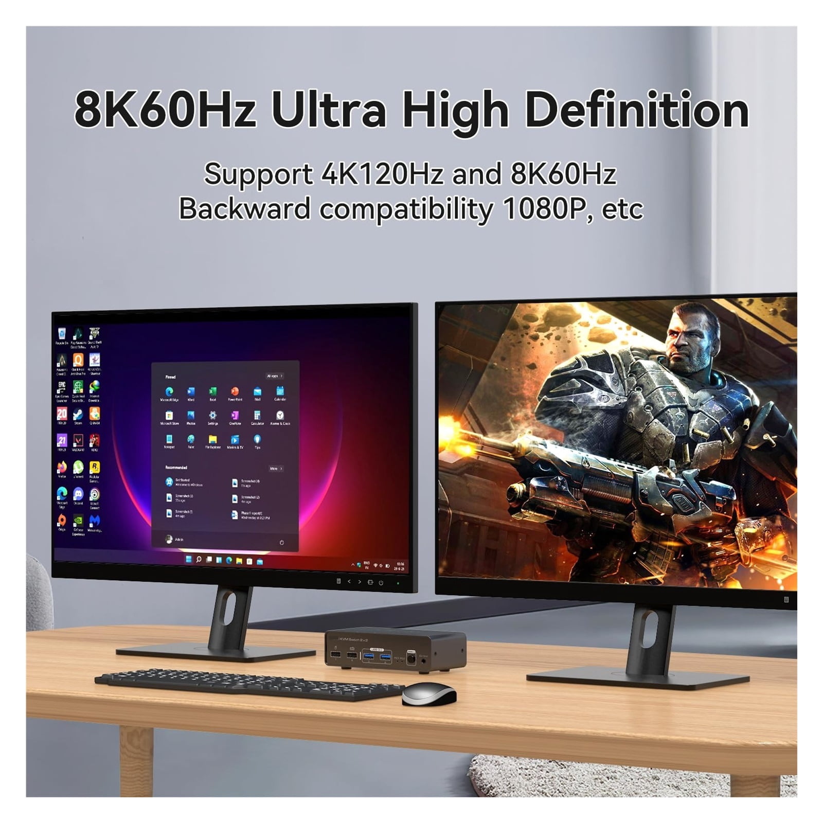 8K 60Hz KVM Switch 2 PC Monitors, Ultra HD & DP Dual Display Selector