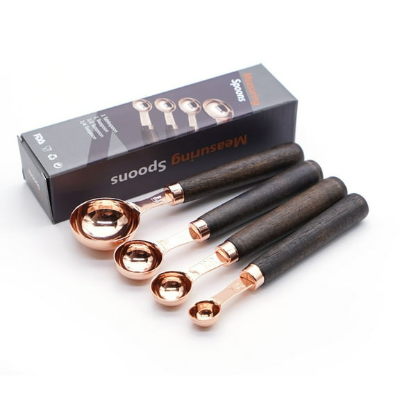 Piwvid 4 Piece Rose Gold Measuring Cups Set and Measuring Spoons, Golden With fragrant wood Handles-Complete Set of Measure Cups and Spoons For Cooking and Baking