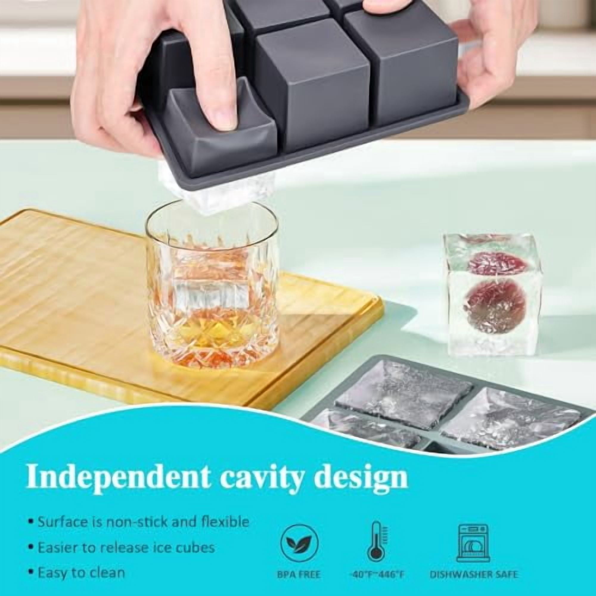 Large Silicone Ice Cube Tray for Whiskey: 2-Inch Big Square Ice Trays with Lid for Whisky - 3-Pack Old Fashioned Ice Cube Molds for Cocktail, Bourbon, and Drinks