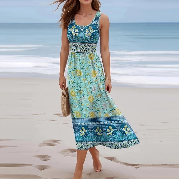 QUNYINEY Long Sundresses for Women Beach Flowy Floral Sleeveless Tank Dress A Line Loose Fit Summer Crew Neck Dresses