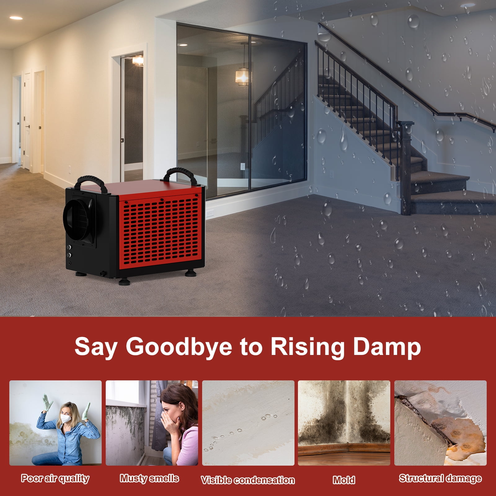 110 Pint Commercial Dehumidifier with Drain Hose for Crawl Spaces, Basements, Industry Water Damage Unit, Large Capacity, Compact, Portable, Auto Defrost, Memory Starting（Red)