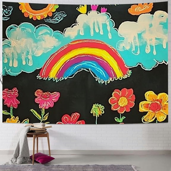 BCIIG Kids Cute Graffiti Tapestry, Sun Flowers Rainbow Porch Hangings for Girls Boys Teens Room Decor,Birthday Wall Hanging Art Watercolor Hand Drawn Wall Blanket 40x30inch