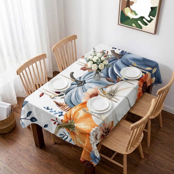 Orange Blue Pumpkins Fall Table Cloth Waterproof Tablecloths, Thanksgiving Floral Botanical Tablecloth Dining Table Cover for Kitchen Party Tabletop Outdoor, Rectangle Tablecloth 60x84 Inch