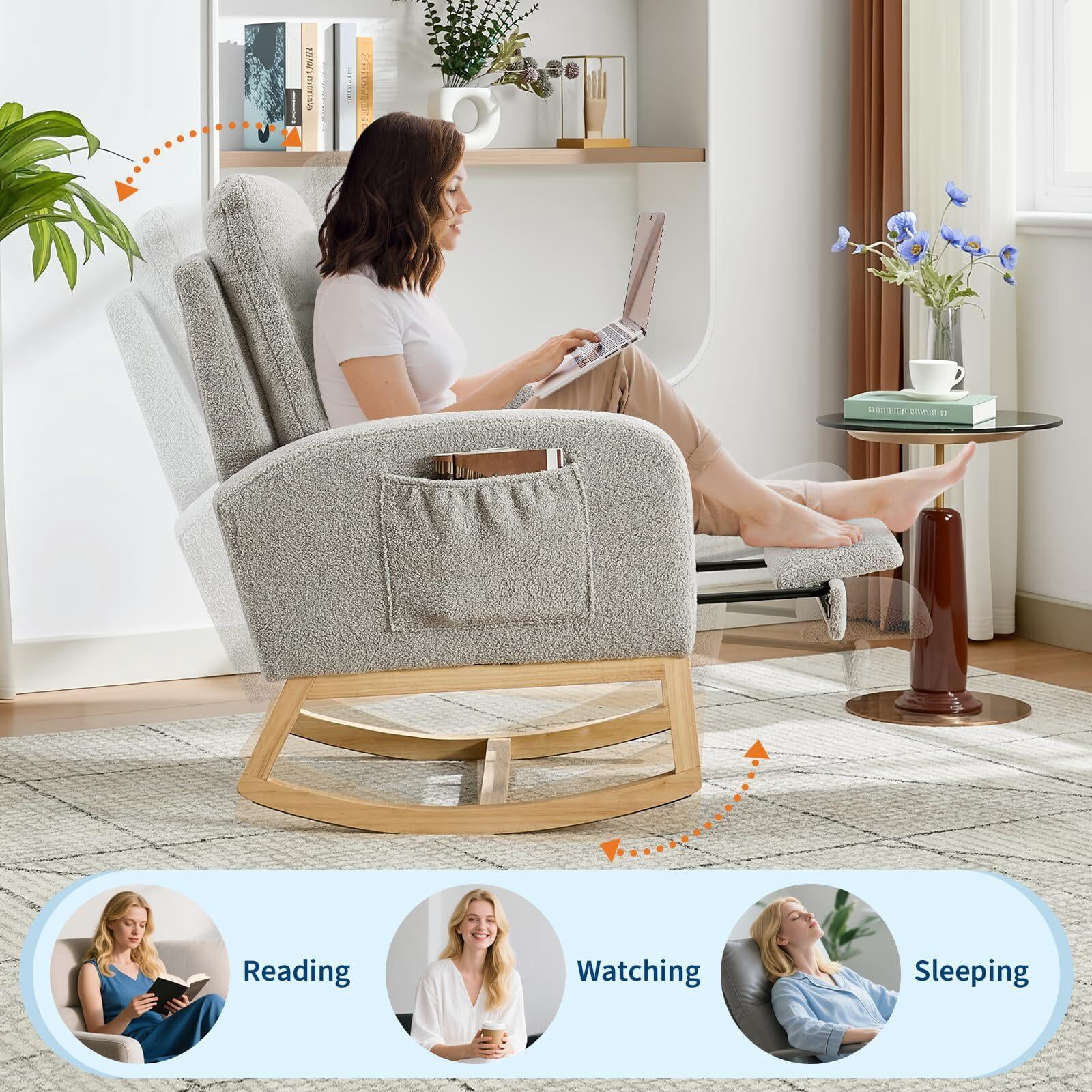 Modern Nursery Rocking Chair, Teddy Upholstered Rocking Chair with Footrest, Rocker Glider for Living Room, Bedroom, Nursing Room，Grey