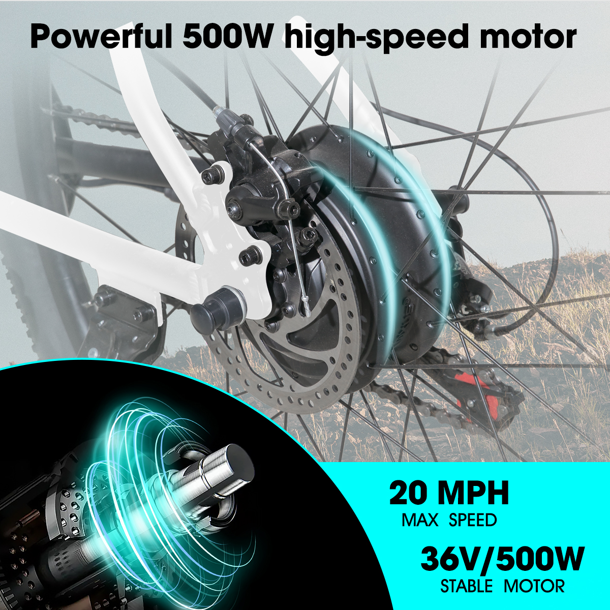 Hiland 26" Electric Mountain Bike 500W 20mph Adults E-Bike Shimano 7 Speed Disc Brake Suspension Fork with 36V Removable Battery White