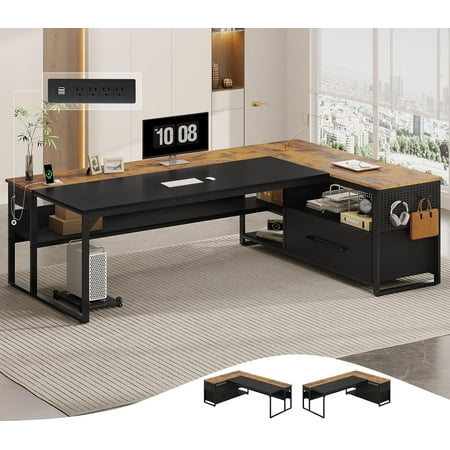 71" Executive Desk, Large Office Desk with Widen File Drawers & Power Outlets, Reversible L Shaped Computer Desk Corner Desk with Storage Shelves, CPU Stand, Hooks, Business Furniture