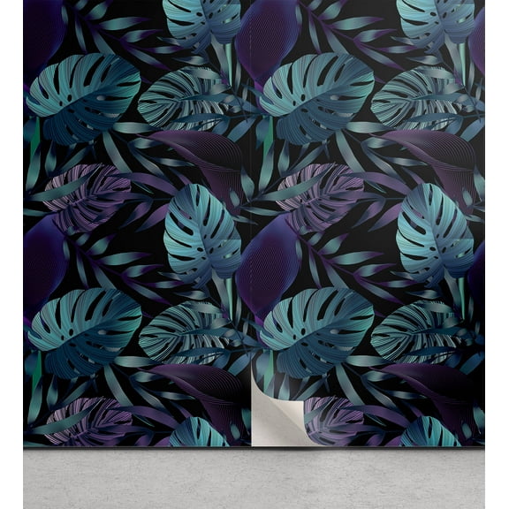 Ambesonne Tropical Peel & Stick Wallpaper for Home, Jungle Monstera Palm Art, 13"x36", Dark Purple Cadet Blue