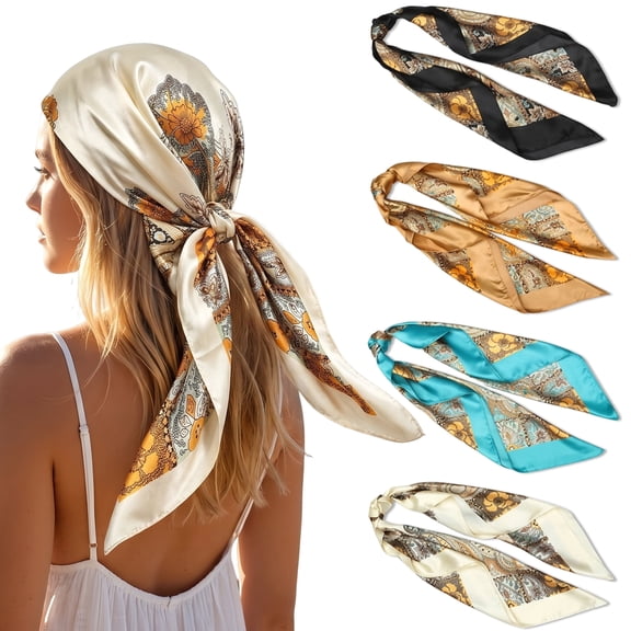 4 Pcs 35" Large Satin Bandana, Women Silky Hair & Neck Sleeping Wrap