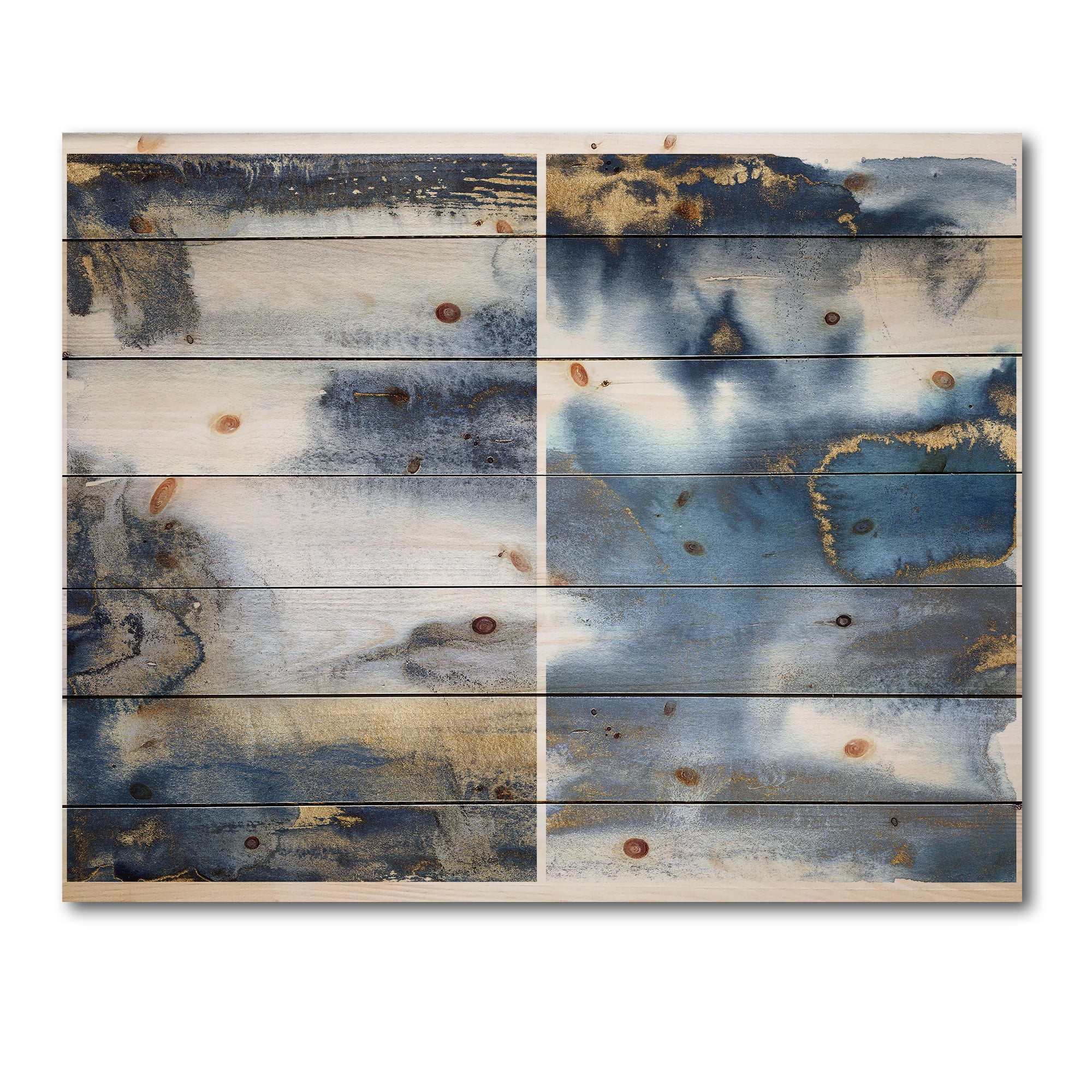Designart 'Gold and Dark Blue Abstract Waves I' Modern Print on Natural Pine Wood