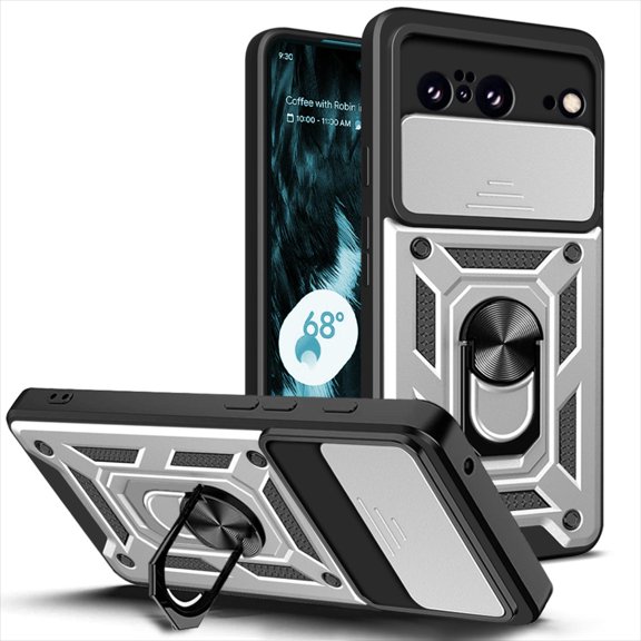 JTCASES for Google Pixel 6 Case with Sliding Lens Window Magnetic Car Mount Rotating Kickstand Hybird 3-layer Non-slipping Military-grade Protection Shell, Silver