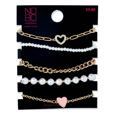 No Boundaries Pink Heart And Pearlescent Beaded Stretch Bracelet Set, 5 Pack