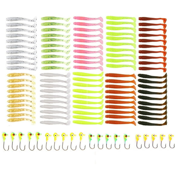 120pcs Soft Fishing Lures and Hooks Plastic Swimbait Set Plastic Grub Worm Wobblers Bait Fish Jigging Swimbait