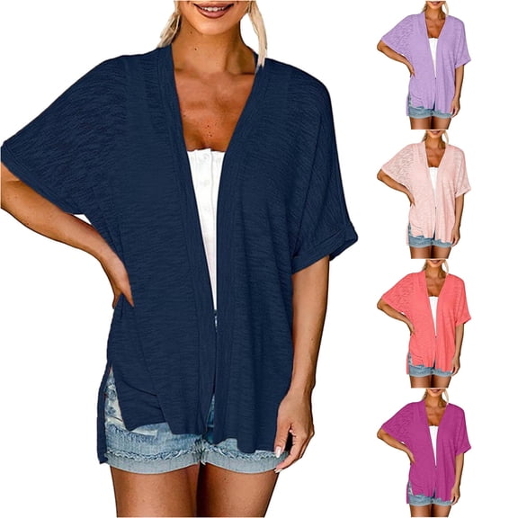 HCYSFG Womens Side Slit Cardigan Open Front Short Sleeve With Pockets Lightweight Duster Loose Fit Casual Summer Travel Layering Cover Up