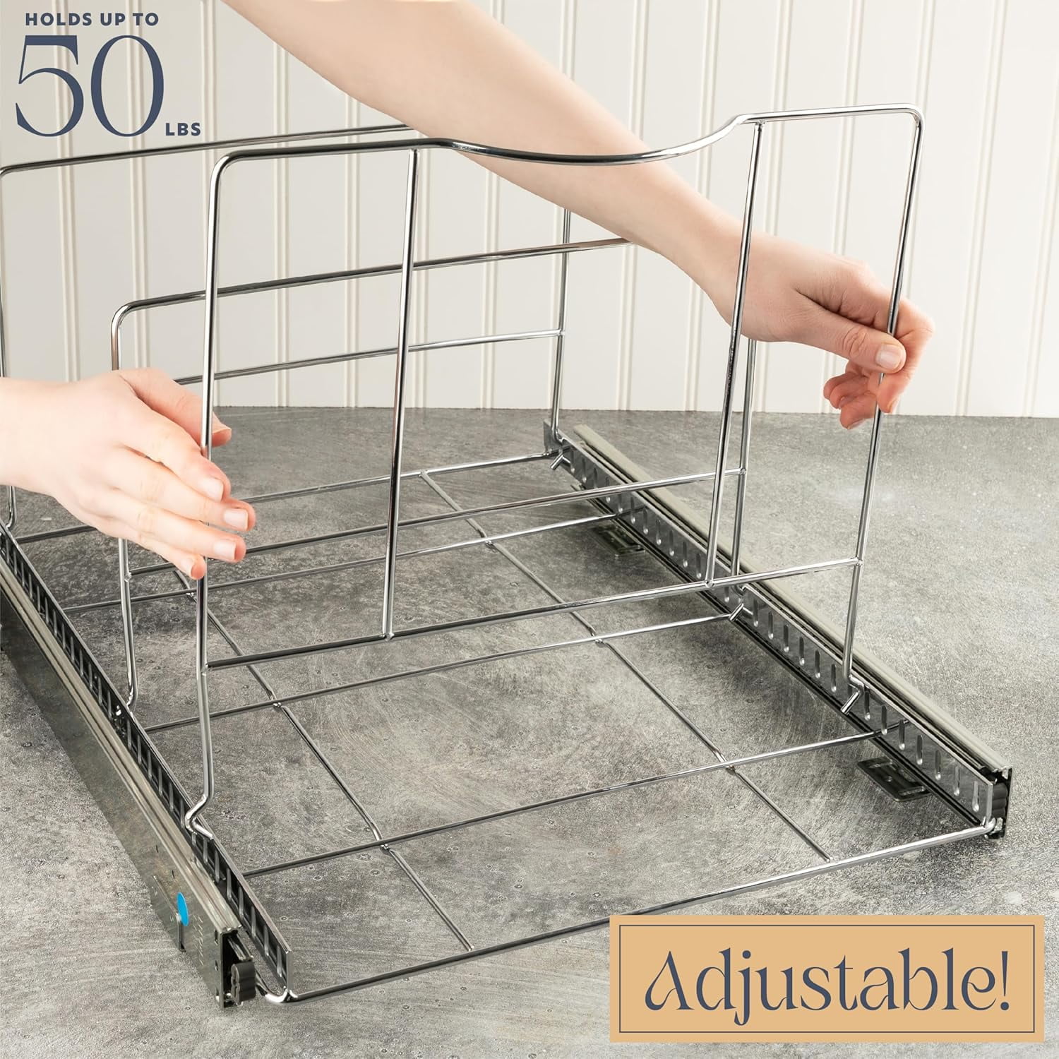 HOLDN’ STORAGE Pull Out Trash Can Rack for Kitchen Cabinet, Double 7 Gallon / 28 Qt Garbage and Recycling Bin Organizer Heavy Duty Chrome Sliding Frame