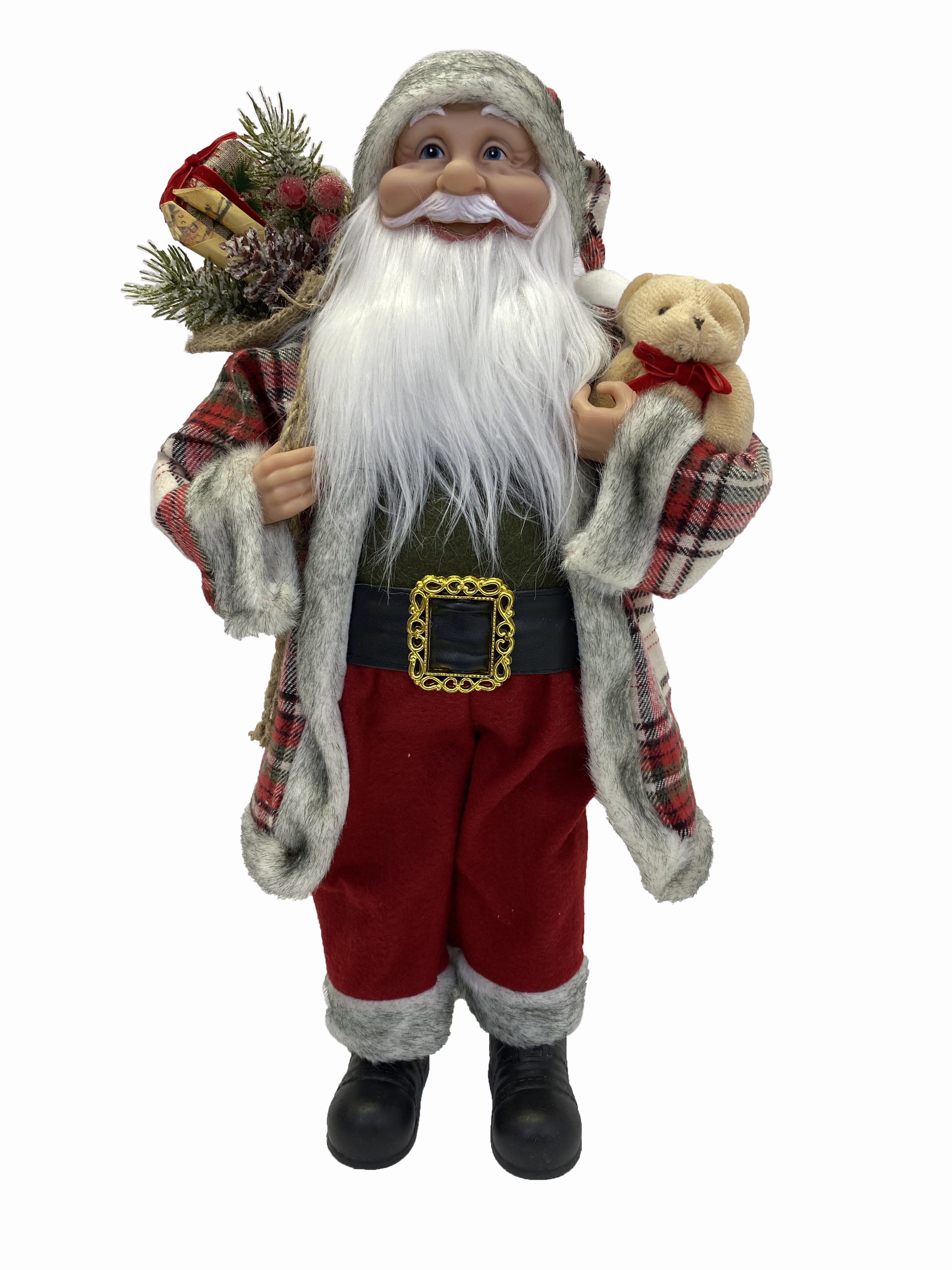 Holiday Time Santa in Plaid Coat with Bear & Bag of Packages Indoor Decor, 18"