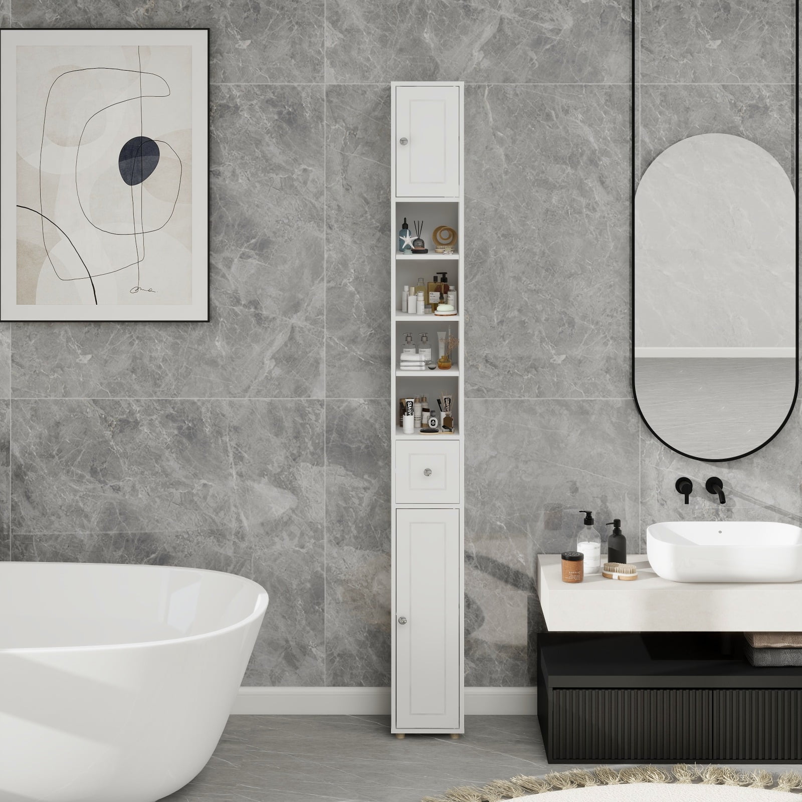 Ktaxon 71'' Slim Bathroom Storage Cabinet Freestanding with 1 Drawer, 2 Doors and 4 Adjustable Shelves, White