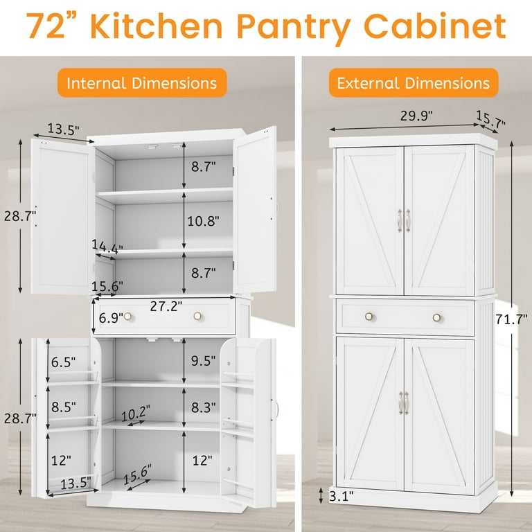 ETASE 72 Pantry Cabinets, White Tall Kitchen Pantry Storage Cabinet with  Drawer & Adjustable Shelves, Buffet Cupboards Storage Cabinet for Bedroom
