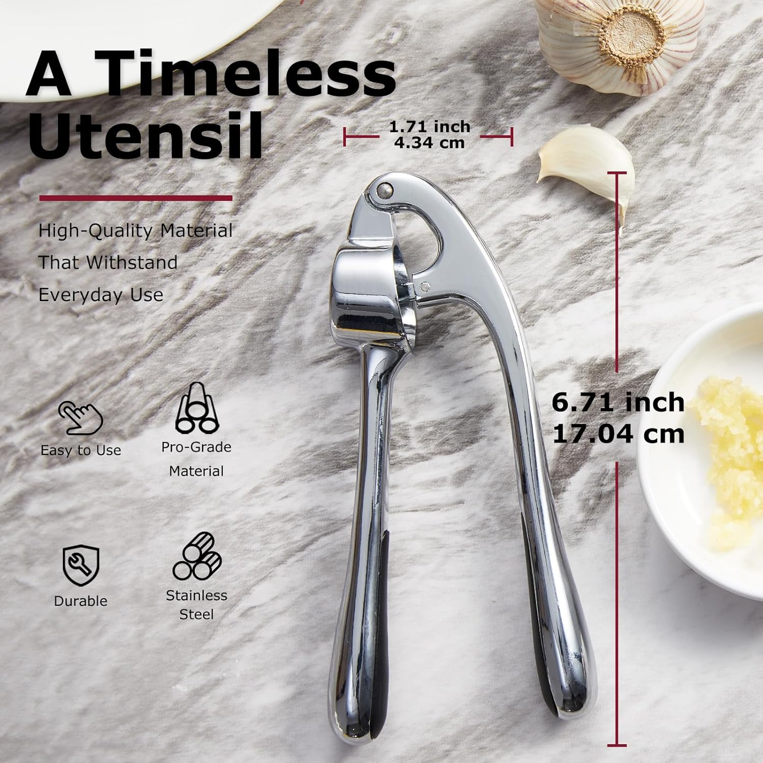 JJEAN-Kitessensu High Effective Premium Garlic Press Set, With Silicone Garlic Peeler & Brush, Heavy Duty Garlic Mincer, Easy to Squeeze and Clean, Rust Proof - Gloss Silver