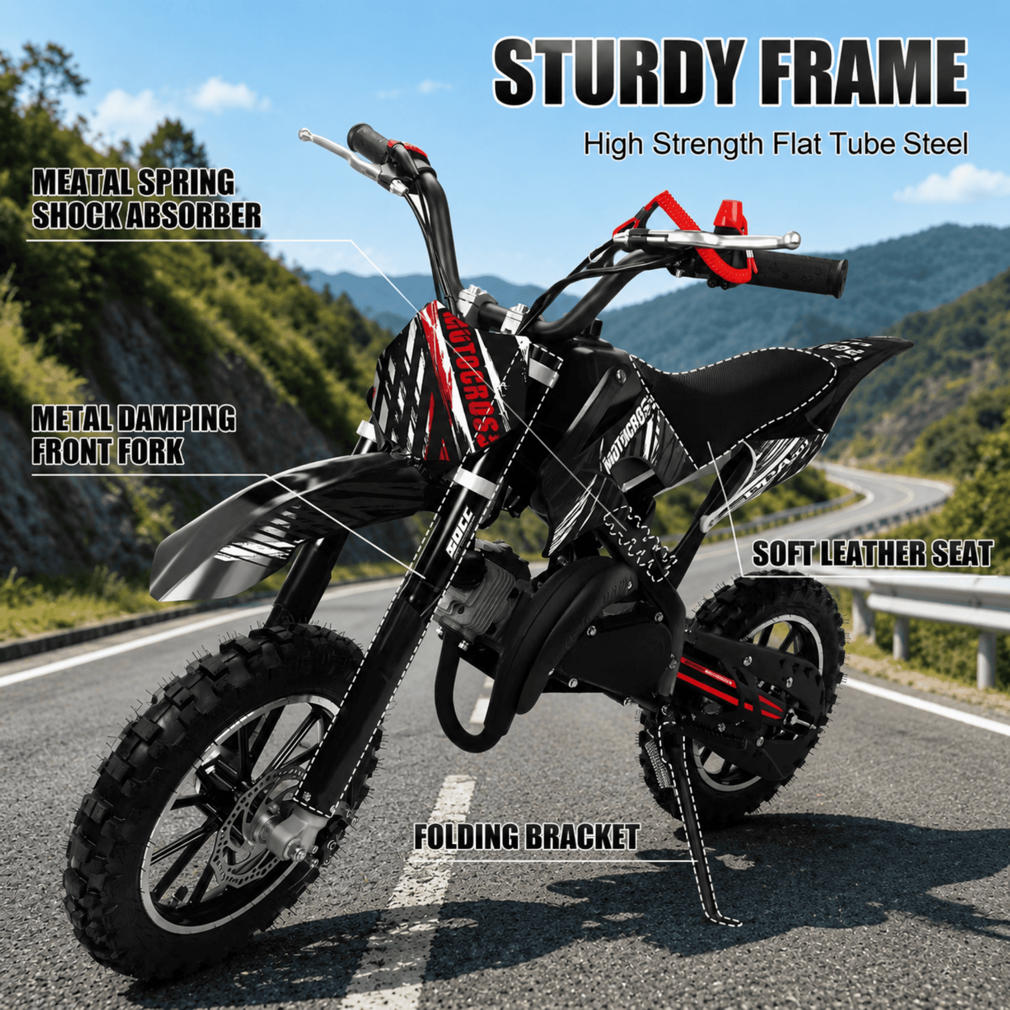 Ktoebyco 49cc Kids Mini Dirt Bike, 2-Stroke Gas-Powered Motorcycle, 1.5L Fuel Capacity, Black