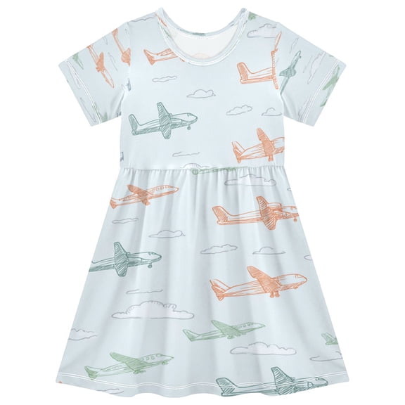Girls Short Sleeve A-Line Dress Pastel Doodle Airplanes Play Dress Sizes 2T