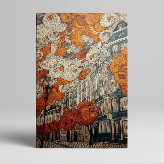1pc Abstract Cityscape Canvas Wall Art with Swirling Orange and White Clouds, framed Decor room hanging Wall Picture Decor for Home Gifts, living room, bathroom, bedroom, kitchen wall art decor