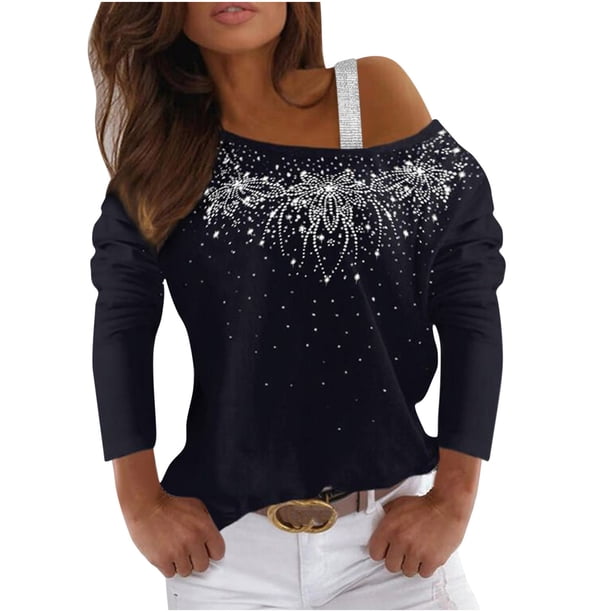 Camisas informales de manga larga para mujer, jersey con hombros descubiertos, blusa holgada con lentejuelas brillantes, Tops tipo túnica Pompotops gfhjh15342