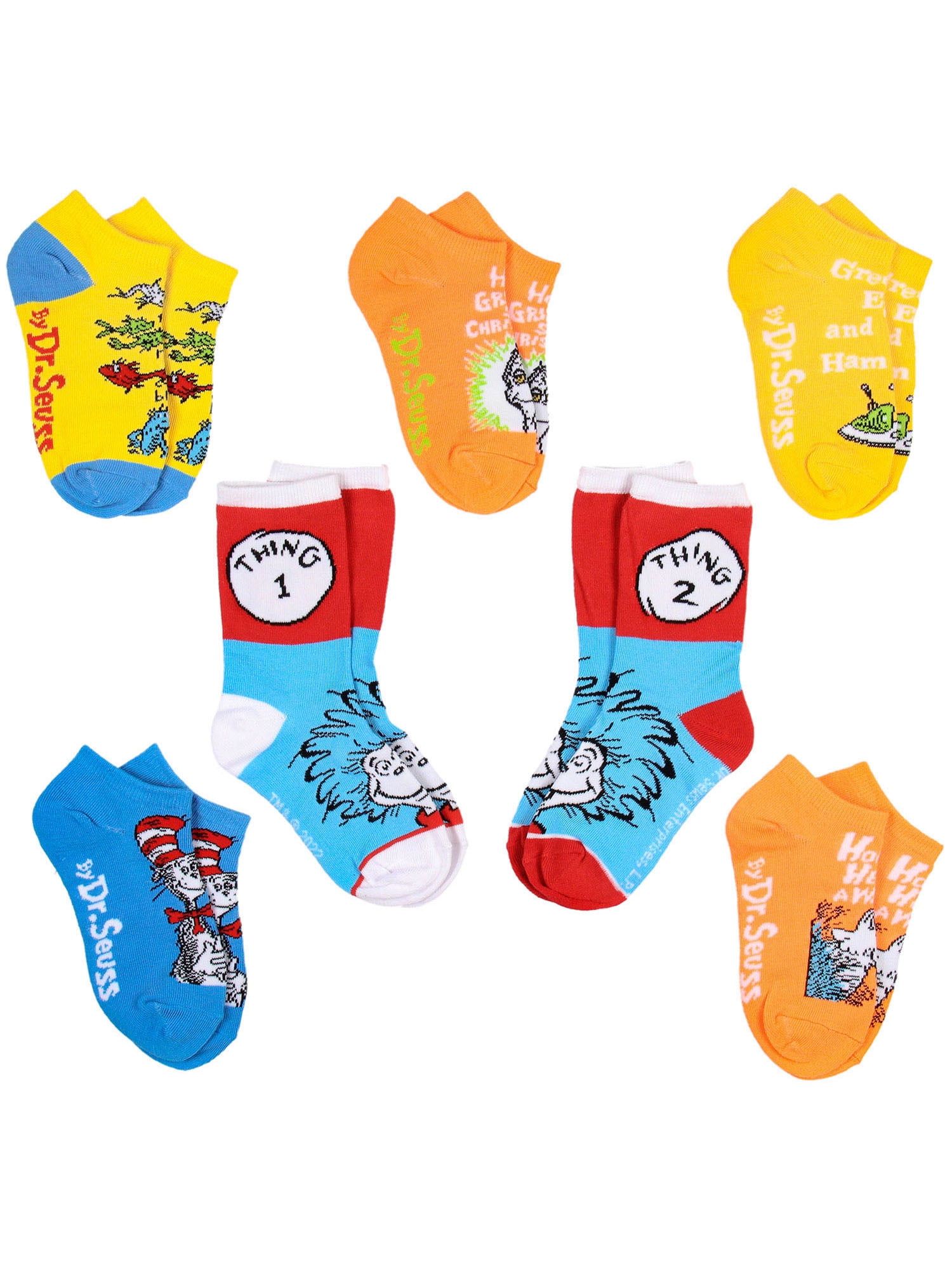 Dr. Seuss Book Titles and Characters Kids Week Of Socks Box Set Crew and Ankle Mix And Match 7 Pairs